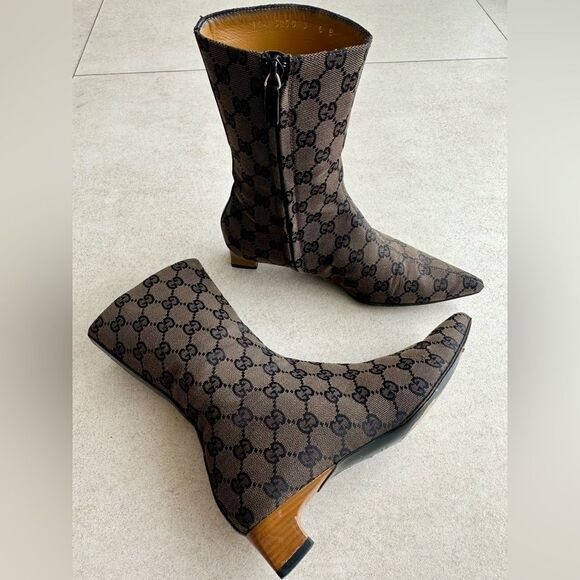 Gucci Vintage 90'S Brown GG Monogram Canvas Boots Wood Heels US 6B - Picture 1 of 16